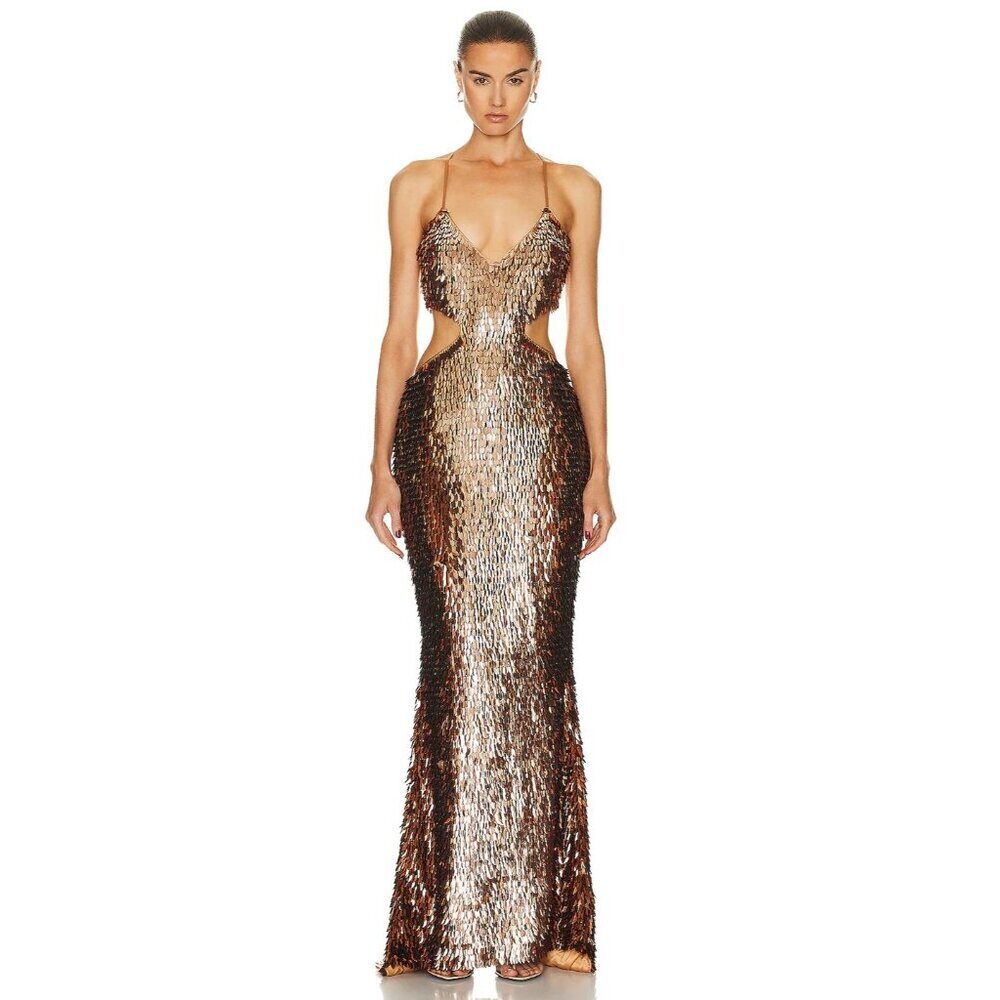 retrofete Miko Cut Out Sequin Maxi Dress Bronze & Gold Womens Size Small